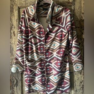 Aztec-Pattern Button Front Coatigan in Burgundy and Tan